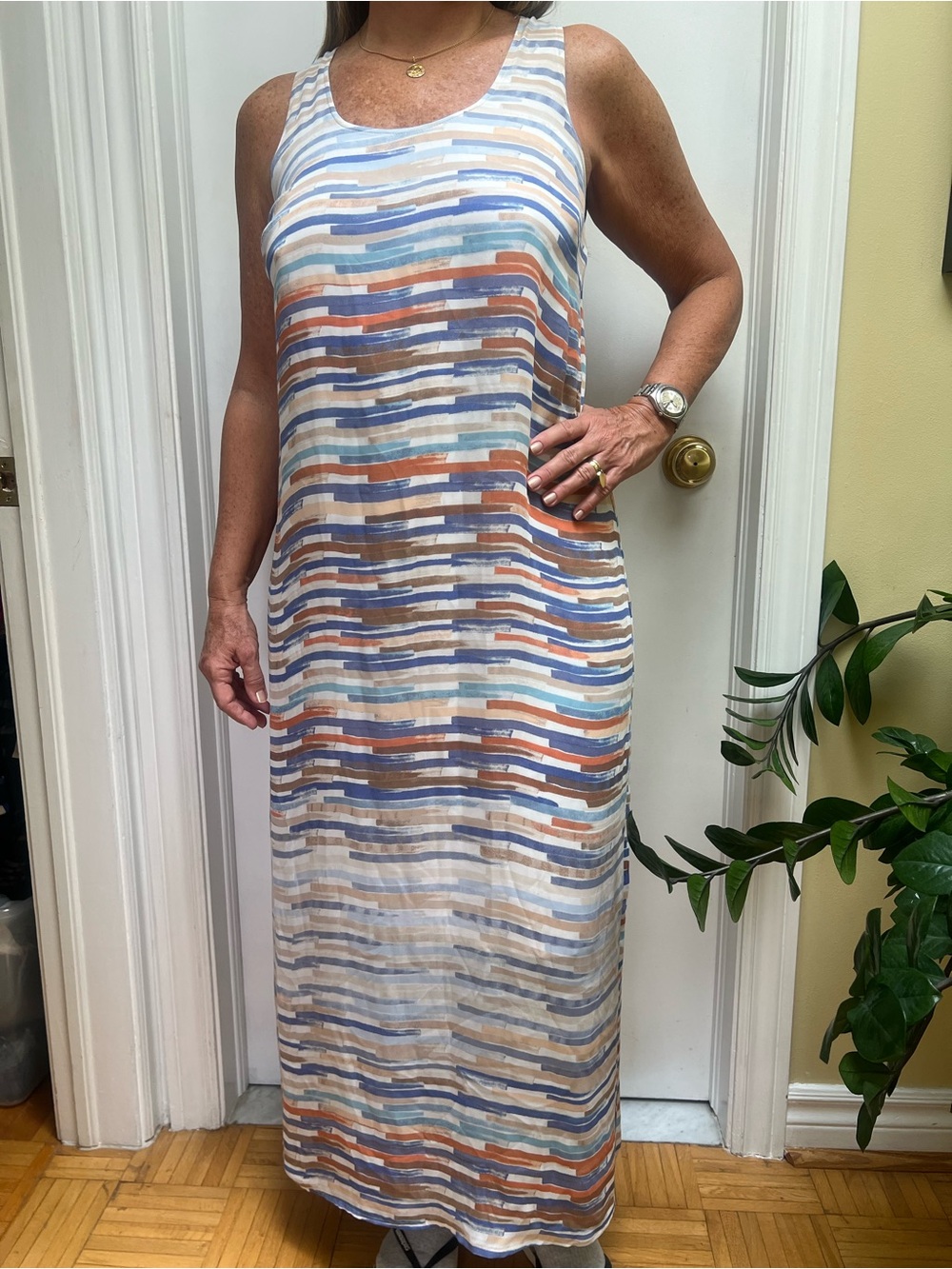 New NIC+ZOE Striped Sleeveless Maxi Dress in Blue, Tan & Rust, size small